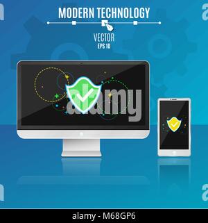Modern computer and phone on a blue background. System security. Shield with multi-colored symbols on a light screen in a flat style. Hi-tech. Vector  Stock Vector