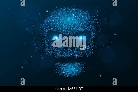 Hacking system. An abstract, luminous skull of blue color from a binary code. The data is under threat. Hi-tech and programming. Flaming, neon eyes. V Stock Vector