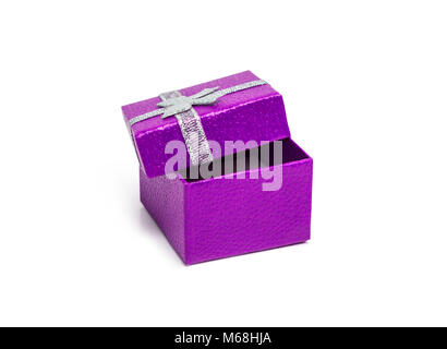 Open Violet gift box with silver ribbon isolated on white background Stock Photo
