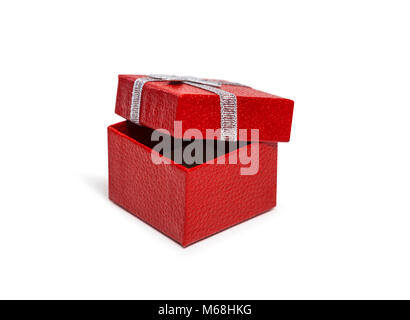 Open Red gift box with silver ribbon isolated on white background Stock Photo