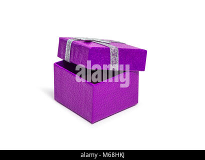 Open Violet gift box with silver ribbon isolated on white background Stock Photo