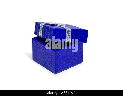 Open Blue gift box with silver ribbon isolated on white background Stock Photo