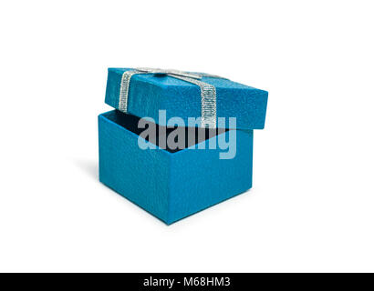 Open Blue gift box with silver ribbon isolated on white background Stock Photo