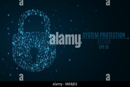 A glowing blue lock from the binary code. High technology in design. The system is under reliable protection. Bright glow. Vector illustration. EPS 10 Stock Vector