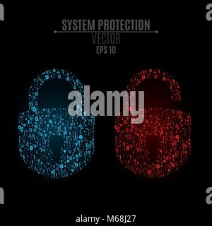 Luminous locks of blue and red colors from binary code. High technology in design. The system is under reliable protection. Bright glow. Vector illust Stock Vector