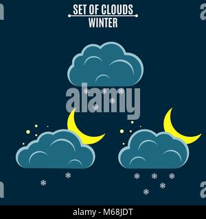 Weather icons. Clouds with snowflakes. A month in the night. Winter vector illustration in a flat style. Falling snow. Environment. EPS 8 Stock Vector