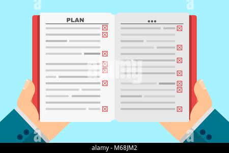 Business man holds a filled diary in hands. Business plan. Red negative execution marks. Tasks in writing. Vector illustration in a flat style. Cover  Stock Vector