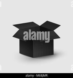 Black realistic box on a white background. Empty and open box. Place for your projects. Illustration for the web. Falling shadows on the surface. Dark Stock Vector