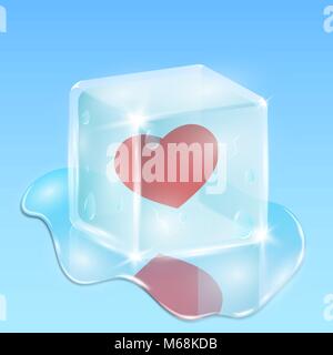 Frozen in a cube of ice heart. Waiting for love. Composition on the day of the holy valentine. A pool of water and drops everywhere Stock Vector