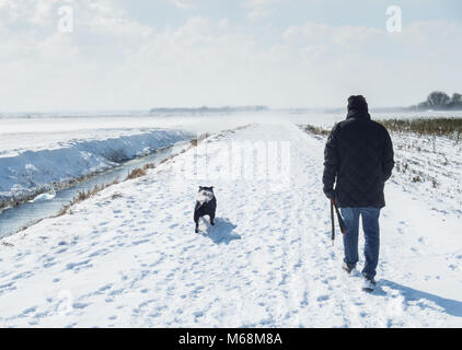 man in a big coat walking a black staffordshire bull terrier dog on a winter day with snow on the ground and wind blowing snow across fields in Kent.  Stock Photo