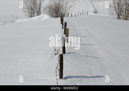 Europe Austria Alps Großarl - a barbed wire fence in winter snow Stock Photo