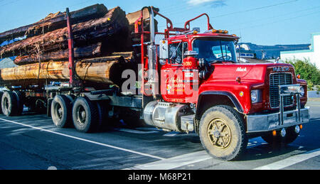 One Old Growth Logging Truck every 10 Minuets, Port Alberni, Vancouver Island, British Columbia, Canada. Stock Photo