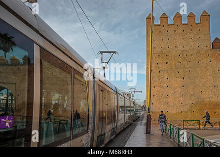 Tram and medina walls, in Hassan II avenue, Rabat. Morocco Stock Photo