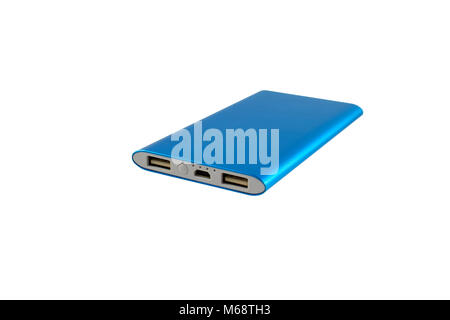 Blue portable power bank or battery for charging mobile devices isolated on white background. Stock Photo