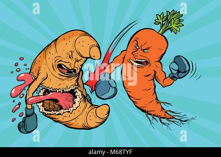 carrots beats a croissant. vegetarianism vs fast food. Comic book cartoon pop art retro vector illustration Stock Vector