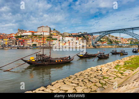 Rabelo Boats on the Douro River in Porto Portugal. Stock Photo