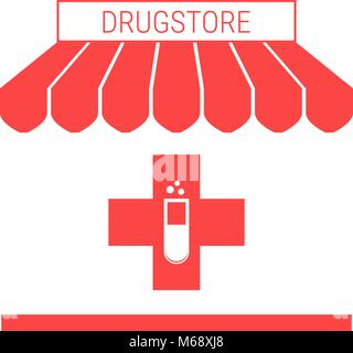 Drugstore, Pharmacy Single Flat Icon. Striped Awning and Signboard Stock Vector