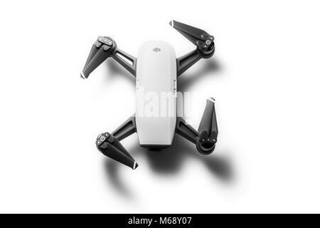 Varna, Bulgaria - February 17 ,2018: Flying drone quadcopter Dji Spark is mini drone that features all of DJI's signature technologies, isolated on wh Stock Photo