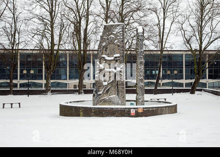 Southend On Sea, Essex, England, February 27th 2018, A fountain in front of the Police Station is covered in snow. Stock Photo