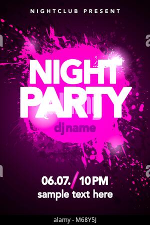 Vector illustration dance party poster background template with splash and ink splatter effects in modern pink and violet colors. Music event flyer Stock Vector