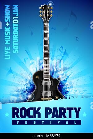 vector illustration blue rock festival party flyer design template with guitar, place for text and cool glow splash effects in the background Stock Vector