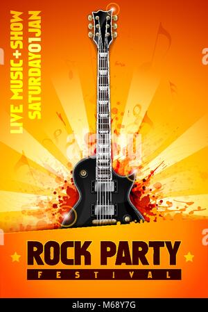 vector illustration orange rock festival party flyer design template with guitar, place for text and cool glow splash effects in the background Stock Vector