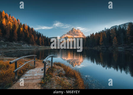 Morning view of Lago Antorno, Dolomites, Lake mountain landscape with Alps peak , Misurina, Cortina d'Ampezzo, Italy.