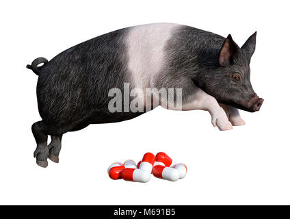 3D rendering of a pig jumping over the pills isolated on white background Stock Photo