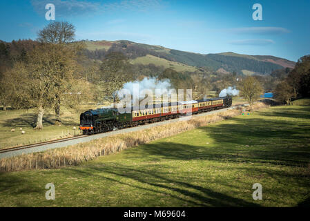 Steam trains  in Llangollen  a small town and community in Denbighshire, north-east Wales, situated on the River Dee and on the edge of the Berwyn mou Stock Photo