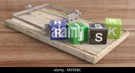 Word risk letters on colorful cubes and a mouse trap, wooden floor background. 3d illustration Stock Photo