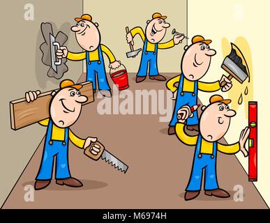Cartoon Illustration of Funny Manual Workers Characters or Decorators doing Repairs Stock Vector