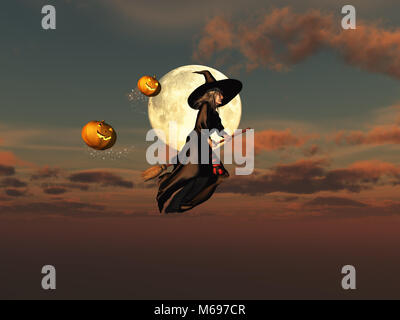 Witch on a broomstick and jack-o'-lanterns Stock Photo