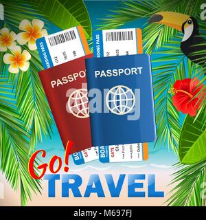 Passport with airline tickets on tropical sea background - International tourism travelling concept. Go travel Stock Vector