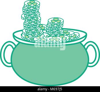 dotted shape gold coins and st patrick hat inside cauldron Stock Vector