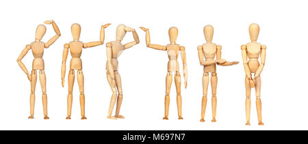 Many wooden mannequin doing differents gestures isolated on a white background Stock Photo