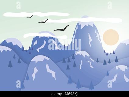 Mountains with ice cap. The sun hides behind the mountains. Birds fly in the sky Stock Vector