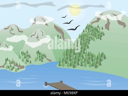 A picture with a landscape of green mountains and a lake at the foot of the mountain. Birds fly in the sky Stock Vector