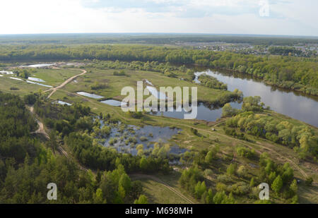 Vladimir region, Russia. 8 May 2016. Neighborhoods of Kovrov from the air. River Klyazma Stock Photo