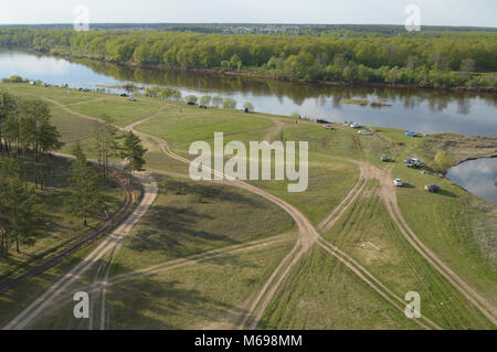 Vladimir region, Russia. 8 May 2016. Neighborhoods of Kovrov from the air. River Klyazma Stock Photo