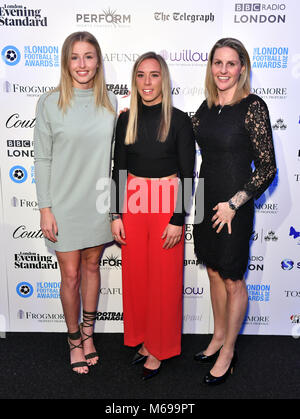 (From left to right) Leah Williamson, Jordan Nobbs and Kelly Smith arriving for the 2018 London Football Awards at Battersea Evolution, London. Stock Photo