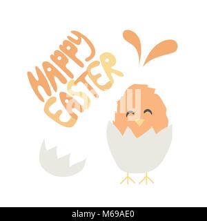Happy Easter hand written font with baby chiken hatched from an egg. Ideal for holiday, card, greeting, poster, print, background, cover, message, ban Stock Vector