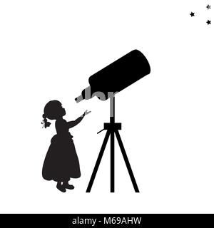 Silhouette girl looks into space telescope Stock Vector