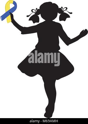 Silhouette girl with yellow blue ribbon. World down syndrome day Stock Vector
