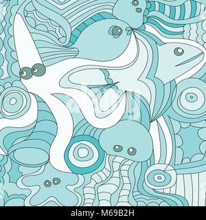 Cartoon hand drawn doodles nautical, marine illustration. detailed background Stock Vector
