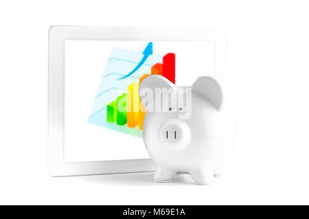 Front view. White piggy bank and tablet isolated on white Stock Photo