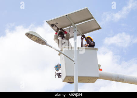 Solar street light installation in Antigua Stock Photo