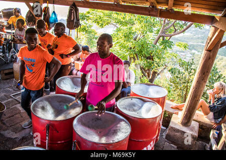 Steelpan drums at Shirley Heights Sunday BBQ, Antigua Stock Photo