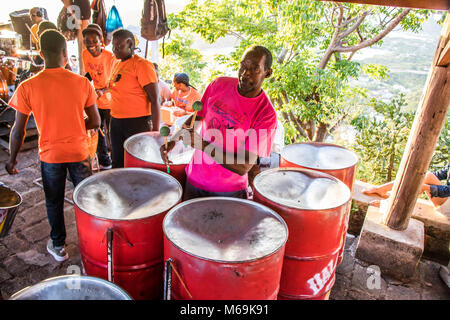 Steelpan drums at Shirley Heights Sunday BBQ, Antigua Stock Photo