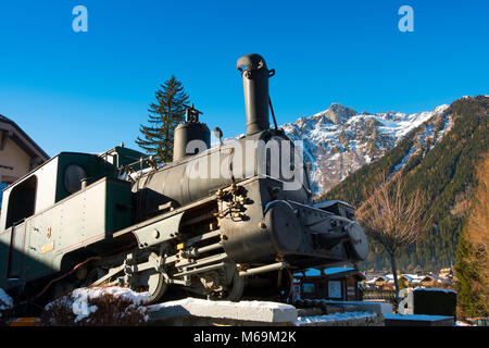 Steam Engine From Cog Rail Line On Display. Train Station Chamonix Montenvers, Mer De Glace. Mont Blanc, Auvergne-Rhône-Alpes, department of Upper Sav Stock Photo