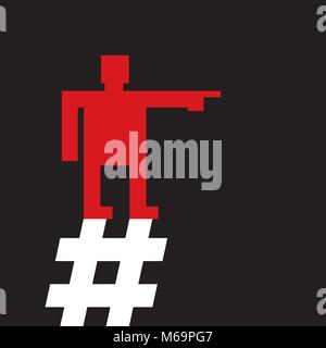 red man is  pointing  direction while standing on a hashtag sign, constructivist style Stock Vector